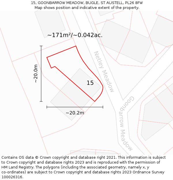 15, GOONBARROW MEADOW, BUGLE, ST AUSTELL, PL26 8FW: Plot and title map