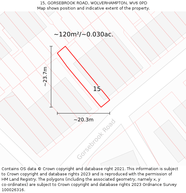 15, GORSEBROOK ROAD, WOLVERHAMPTON, WV6 0PD: Plot and title map