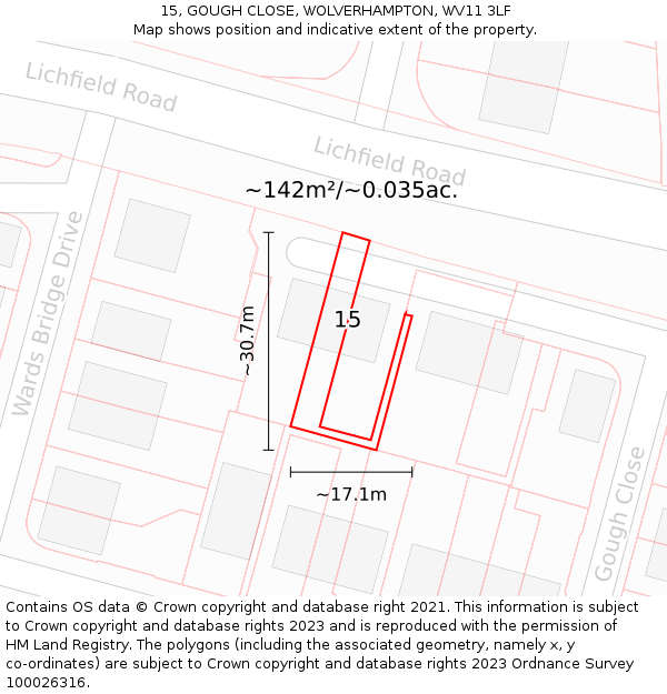 15, GOUGH CLOSE, WOLVERHAMPTON, WV11 3LF: Plot and title map