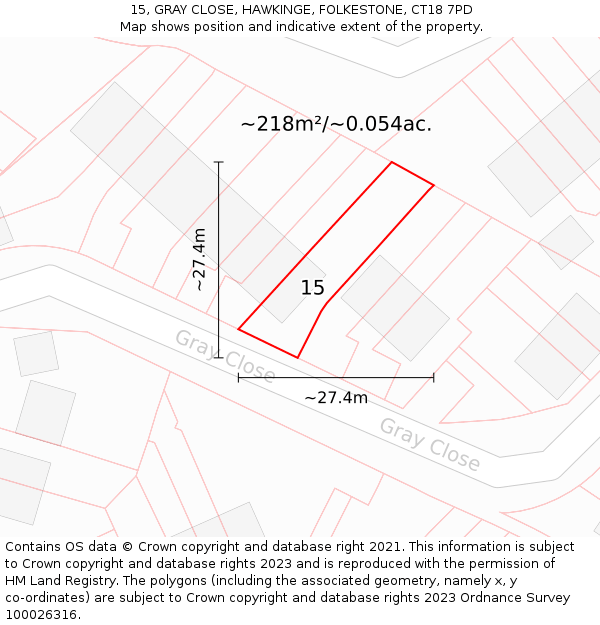 15, GRAY CLOSE, HAWKINGE, FOLKESTONE, CT18 7PD: Plot and title map