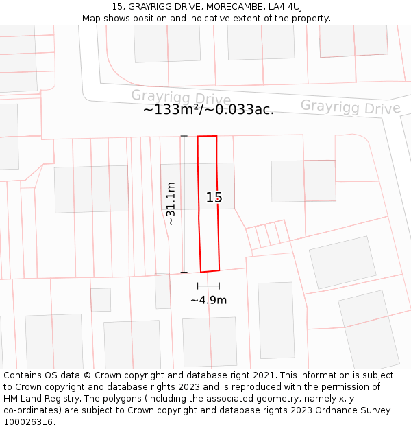15, GRAYRIGG DRIVE, MORECAMBE, LA4 4UJ: Plot and title map