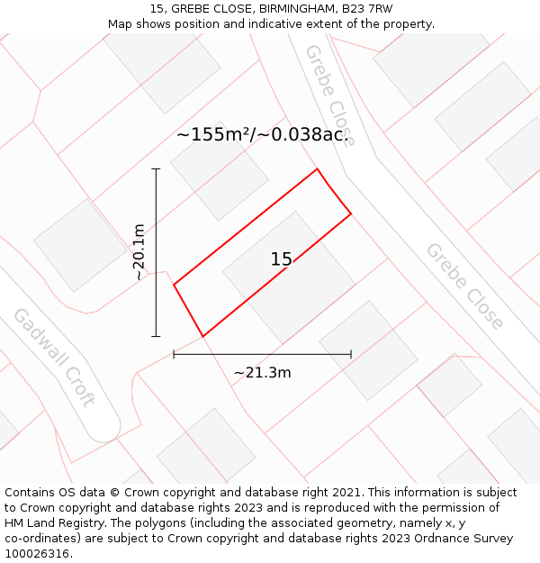 15, GREBE CLOSE, BIRMINGHAM, B23 7RW: Plot and title map