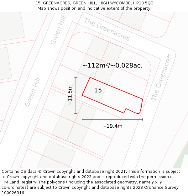 15, GREENACRES, GREEN HILL, HIGH WYCOMBE, HP13 5QB: Plot and title map