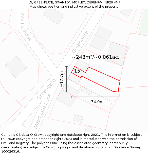 15, GREENGATE, SWANTON MORLEY, DEREHAM, NR20 4NR: Plot and title map