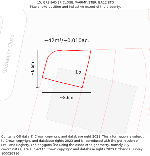 15, GRENADIER CLOSE, WARMINSTER, BA12 8TQ: Plot and title map