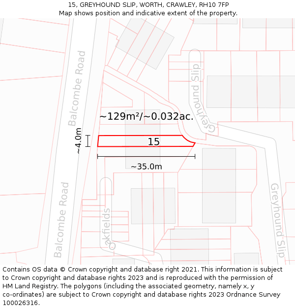 15, GREYHOUND SLIP, WORTH, CRAWLEY, RH10 7FP: Plot and title map