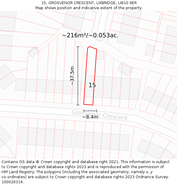 15, GROSVENOR CRESCENT, UXBRIDGE, UB10 9ER: Plot and title map