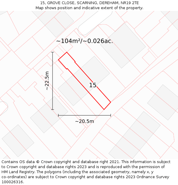 15, GROVE CLOSE, SCARNING, DEREHAM, NR19 2TE: Plot and title map
