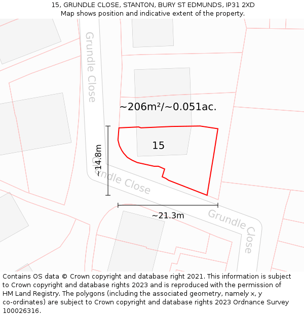 15, GRUNDLE CLOSE, STANTON, BURY ST EDMUNDS, IP31 2XD: Plot and title map