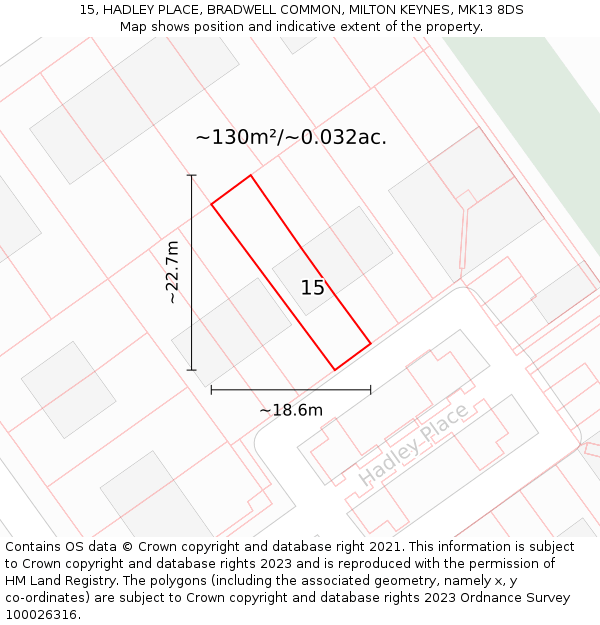15, HADLEY PLACE, BRADWELL COMMON, MILTON KEYNES, MK13 8DS: Plot and title map