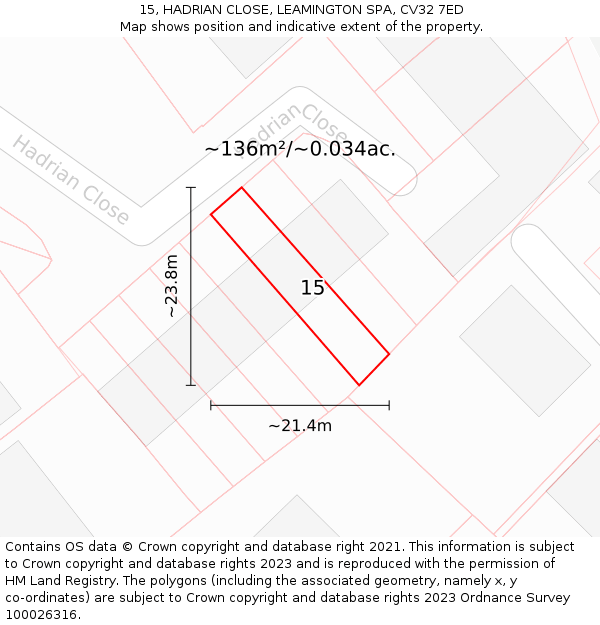 15, HADRIAN CLOSE, LEAMINGTON SPA, CV32 7ED: Plot and title map