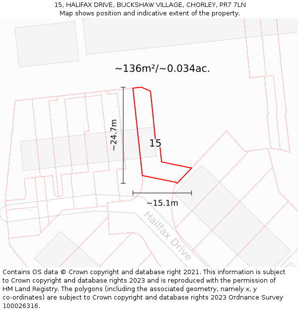 15, HALIFAX DRIVE, BUCKSHAW VILLAGE, CHORLEY, PR7 7LN: Plot and title map
