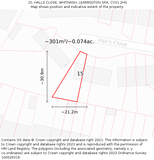 15, HALLS CLOSE, WHITNASH, LEAMINGTON SPA, CV31 2HS: Plot and title map