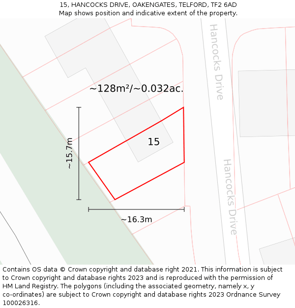 15, HANCOCKS DRIVE, OAKENGATES, TELFORD, TF2 6AD: Plot and title map
