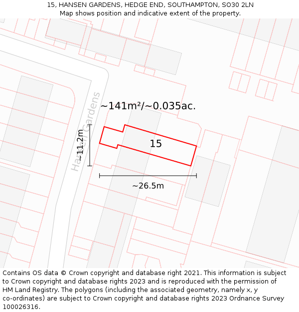15, HANSEN GARDENS, HEDGE END, SOUTHAMPTON, SO30 2LN: Plot and title map