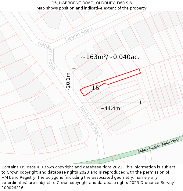 15, HARBORNE ROAD, OLDBURY, B68 9JA: Plot and title map