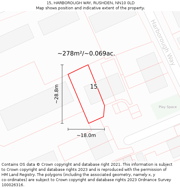 15, HARBOROUGH WAY, RUSHDEN, NN10 0LD: Plot and title map