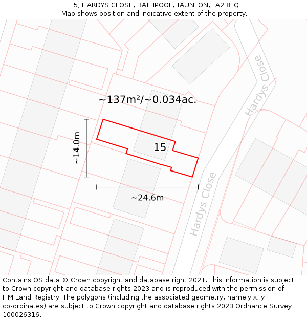 15, HARDYS CLOSE, BATHPOOL, TAUNTON, TA2 8FQ: Plot and title map
