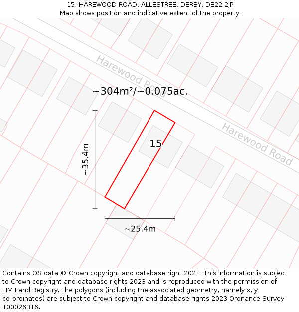 15, HAREWOOD ROAD, ALLESTREE, DERBY, DE22 2JP: Plot and title map