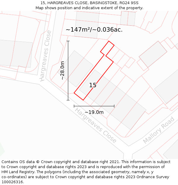 15, HARGREAVES CLOSE, BASINGSTOKE, RG24 9SS: Plot and title map
