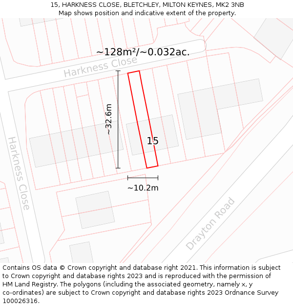 15, HARKNESS CLOSE, BLETCHLEY, MILTON KEYNES, MK2 3NB: Plot and title map