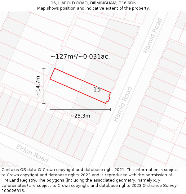15, HAROLD ROAD, BIRMINGHAM, B16 9DN: Plot and title map