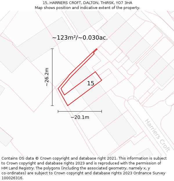 15, HARRIERS CROFT, DALTON, THIRSK, YO7 3HA: Plot and title map