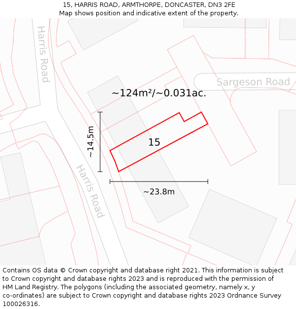15, HARRIS ROAD, ARMTHORPE, DONCASTER, DN3 2FE: Plot and title map