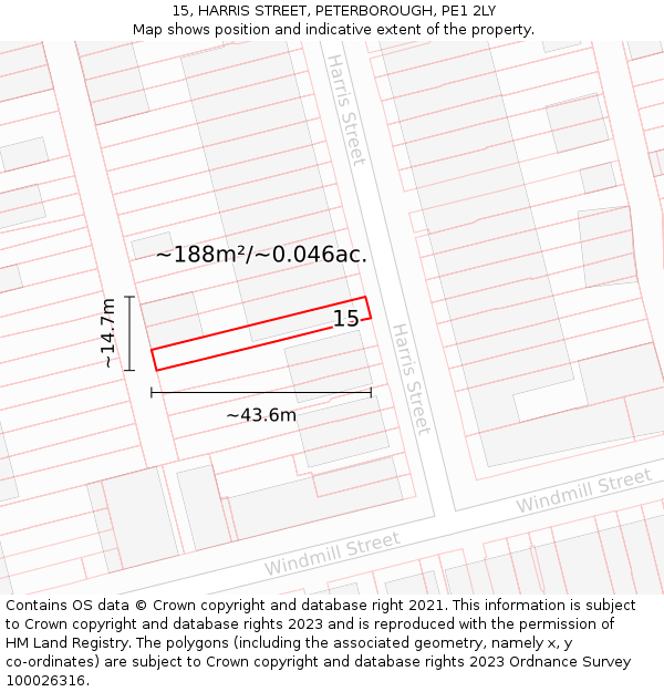 15, HARRIS STREET, PETERBOROUGH, PE1 2LY: Plot and title map