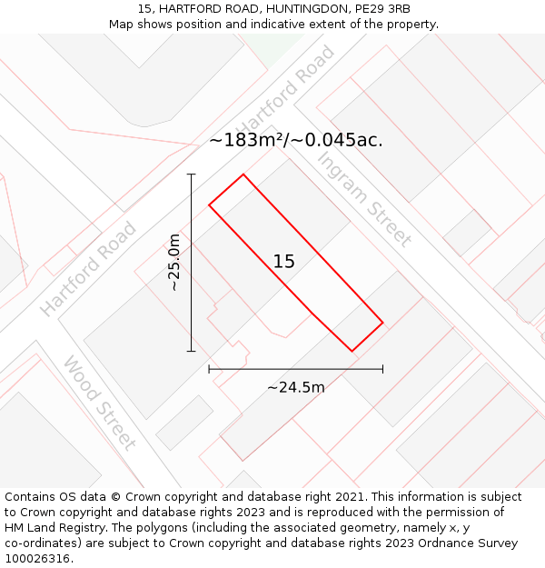 15, HARTFORD ROAD, HUNTINGDON, PE29 3RB: Plot and title map