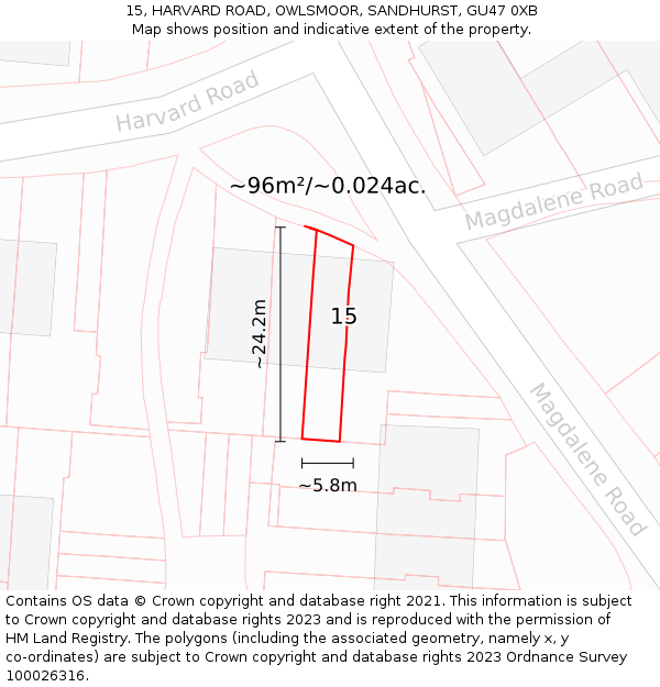 15, HARVARD ROAD, OWLSMOOR, SANDHURST, GU47 0XB: Plot and title map