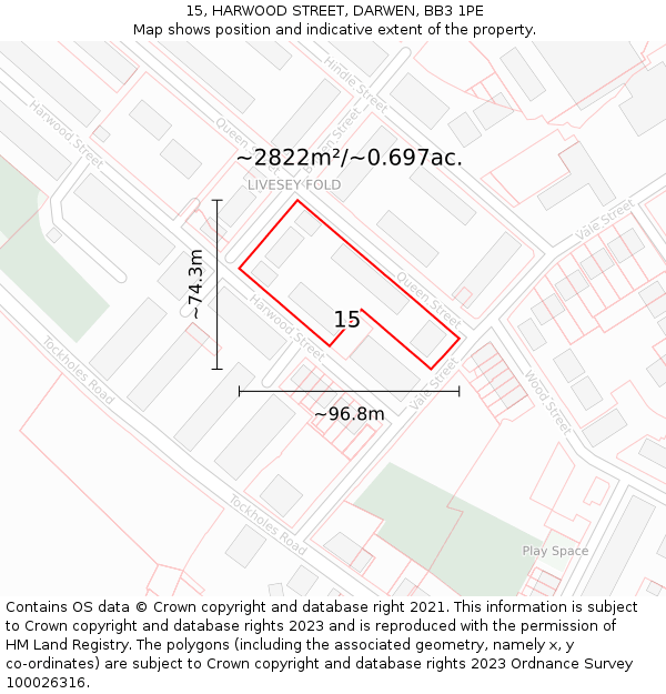 15, HARWOOD STREET, DARWEN, BB3 1PE: Plot and title map