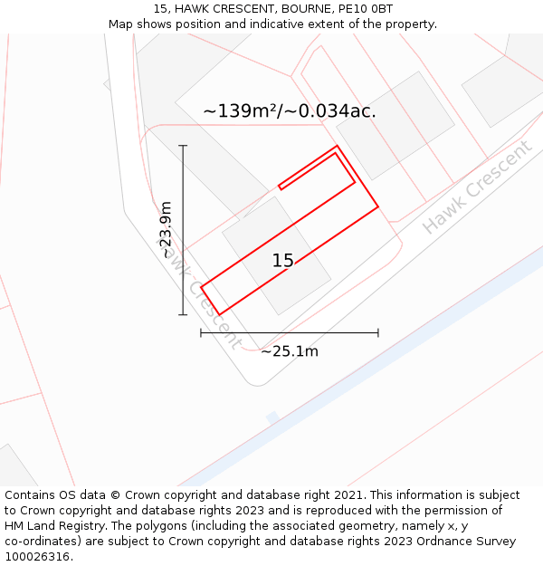 15, HAWK CRESCENT, BOURNE, PE10 0BT: Plot and title map
