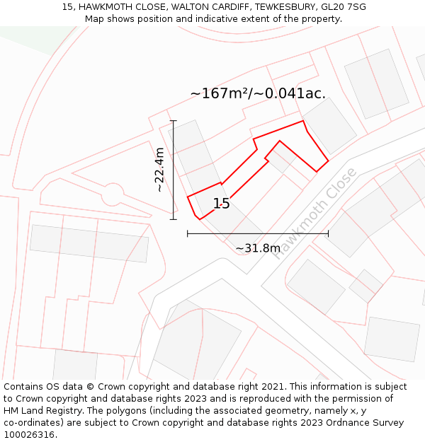 15, HAWKMOTH CLOSE, WALTON CARDIFF, TEWKESBURY, GL20 7SG: Plot and title map