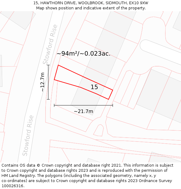15, HAWTHORN DRIVE, WOOLBROOK, SIDMOUTH, EX10 9XW: Plot and title map