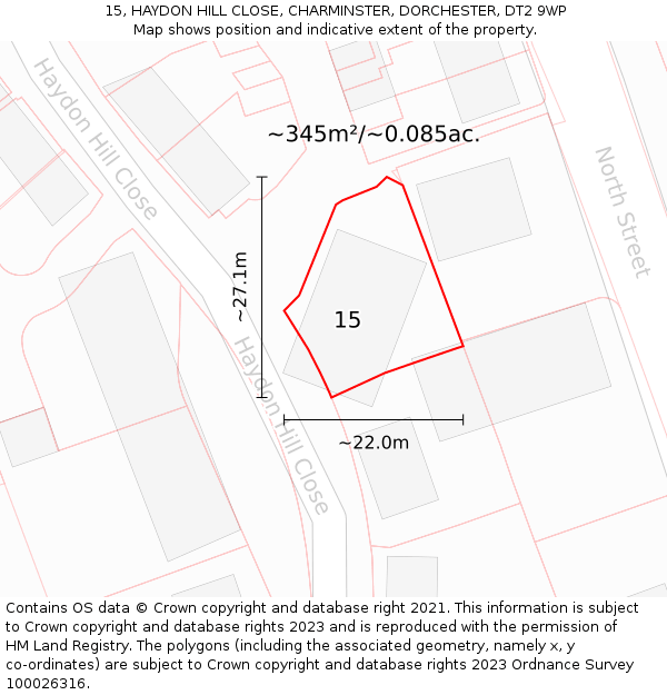 15, HAYDON HILL CLOSE, CHARMINSTER, DORCHESTER, DT2 9WP: Plot and title map