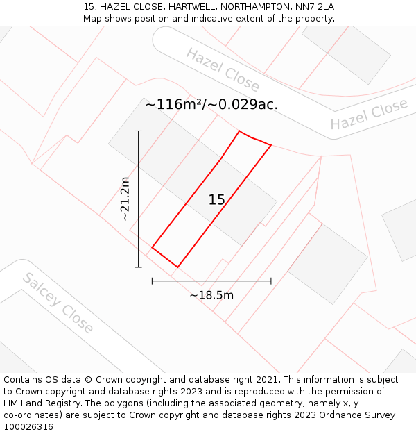 15, HAZEL CLOSE, HARTWELL, NORTHAMPTON, NN7 2LA: Plot and title map