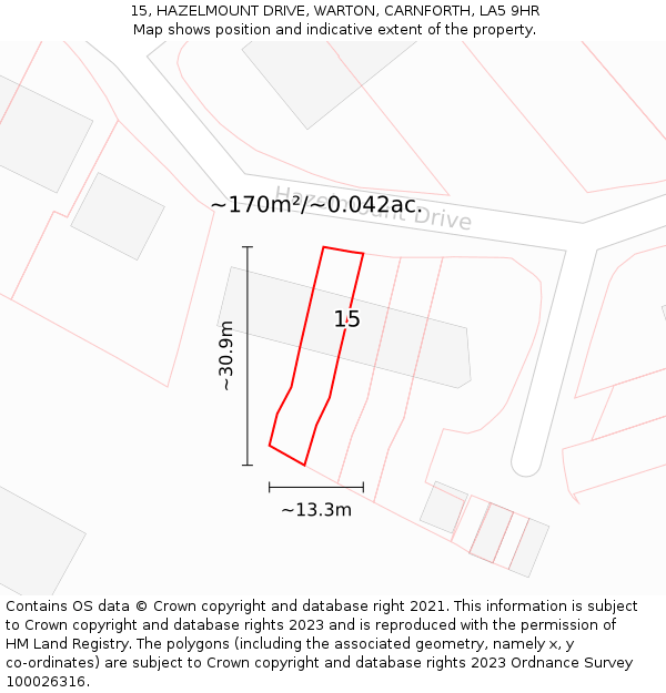 15, HAZELMOUNT DRIVE, WARTON, CARNFORTH, LA5 9HR: Plot and title map