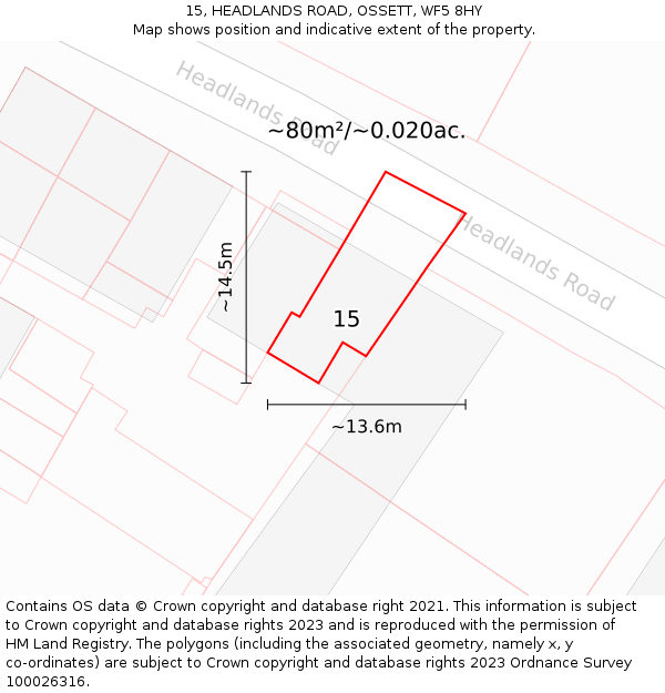 15, HEADLANDS ROAD, OSSETT, WF5 8HY: Plot and title map