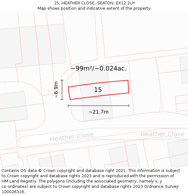 15, HEATHER CLOSE, SEATON, EX12 2UY: Plot and title map