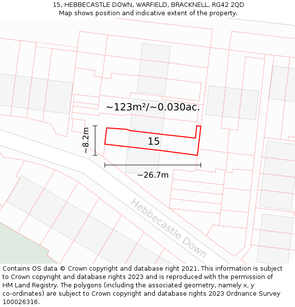 15, HEBBECASTLE DOWN, WARFIELD, BRACKNELL, RG42 2QD: Plot and title map