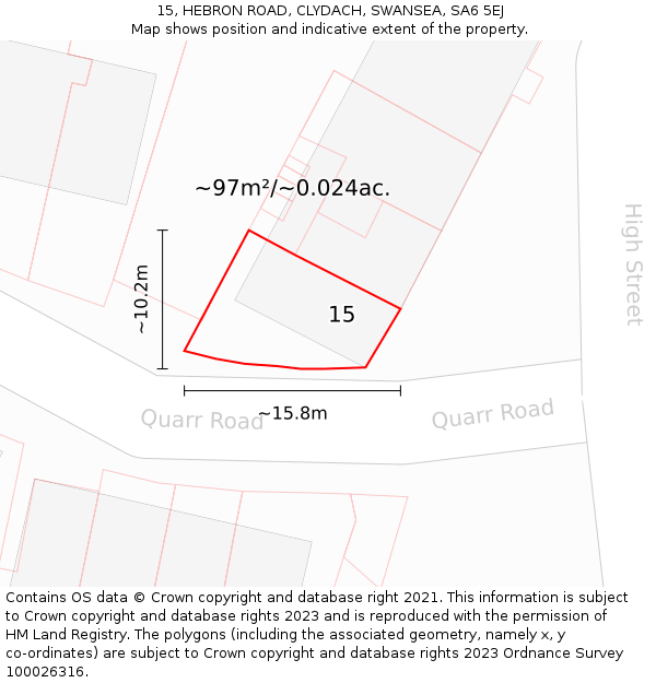 15, HEBRON ROAD, CLYDACH, SWANSEA, SA6 5EJ: Plot and title map