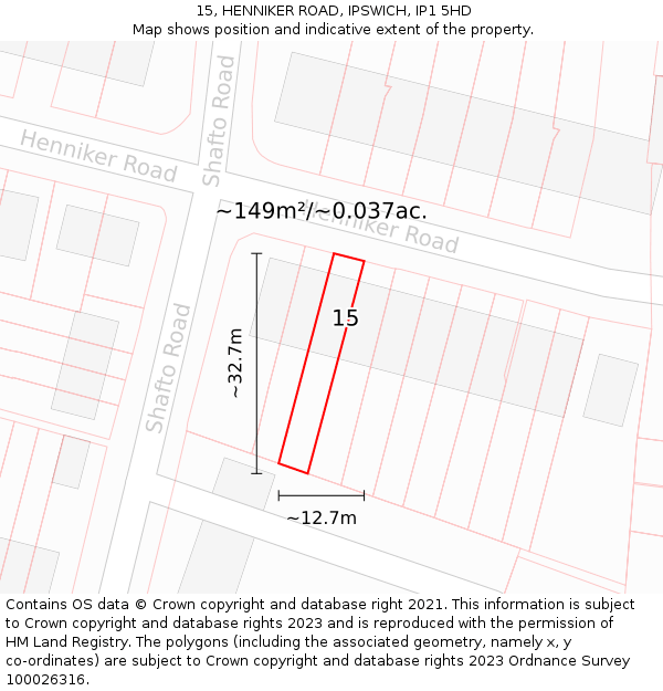 15, HENNIKER ROAD, IPSWICH, IP1 5HD: Plot and title map
