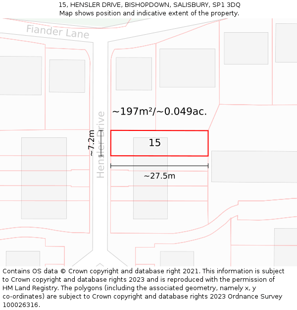 15, HENSLER DRIVE, BISHOPDOWN, SALISBURY, SP1 3DQ: Plot and title map