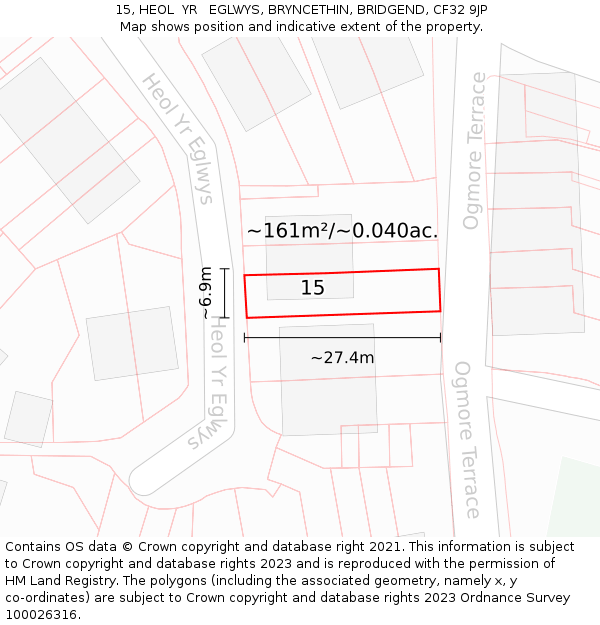 15, HEOL  YR   EGLWYS, BRYNCETHIN, BRIDGEND, CF32 9JP: Plot and title map