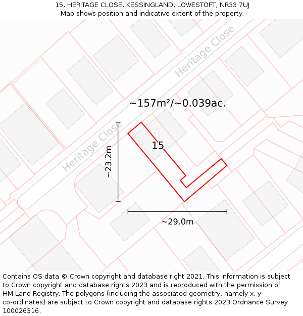 15, HERITAGE CLOSE, KESSINGLAND, LOWESTOFT, NR33 7UJ: Plot and title map