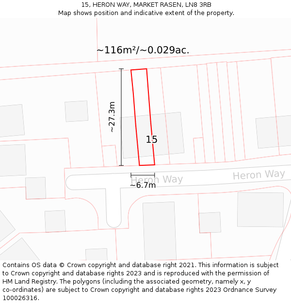 15, HERON WAY, MARKET RASEN, LN8 3RB: Plot and title map