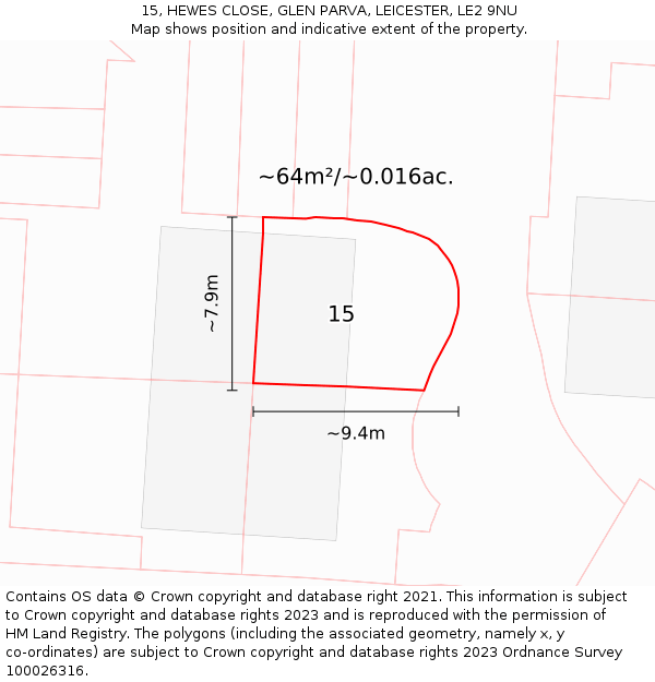 15, HEWES CLOSE, GLEN PARVA, LEICESTER, LE2 9NU: Plot and title map