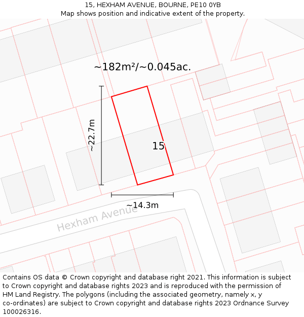 15, HEXHAM AVENUE, BOURNE, PE10 0YB: Plot and title map