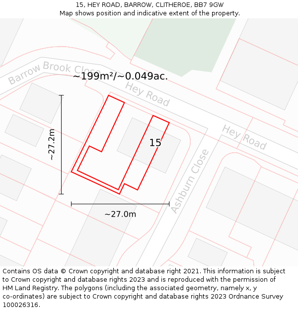 15, HEY ROAD, BARROW, CLITHEROE, BB7 9GW: Plot and title map